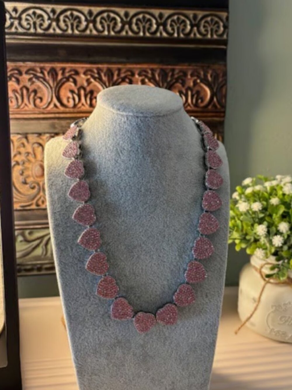 Heart Pink CZ Necklace on Rhodium